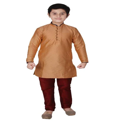 Pro-Ethic Style Developer Kids Orange Printed Design Silk Kurta Pajama Set For Boys