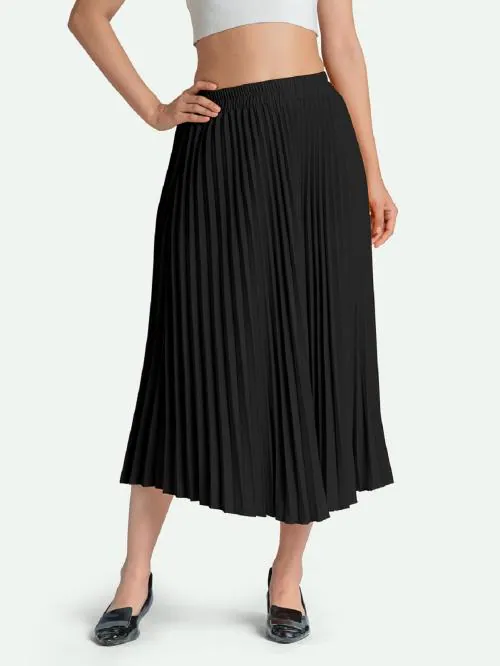 AASK Girl's|Women's Classic Stretchy All Time Trendy Pleated Skirt|Western Skirt |midi Skirt| plited Lehenga Wedding Ghaghra Black Colour