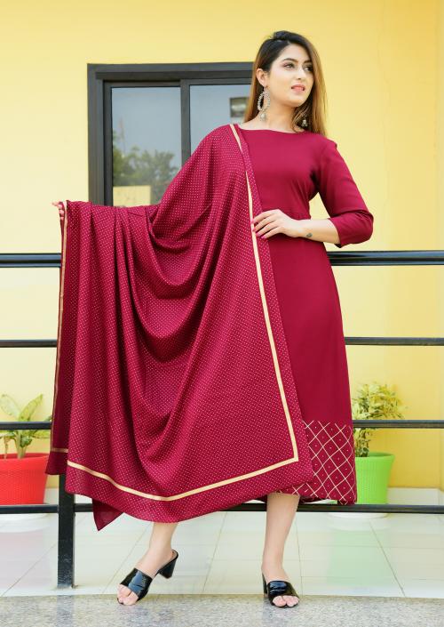 SIPET STYLISH BEAUTIFUL MAROON HAAR DHUPTTA SET FOR WOMEN AND GIRLS| 3/4TH SLEEVES CASUAL WEAR AND PARTYWEAR FLARED KURTA IN RAYON FABRIC