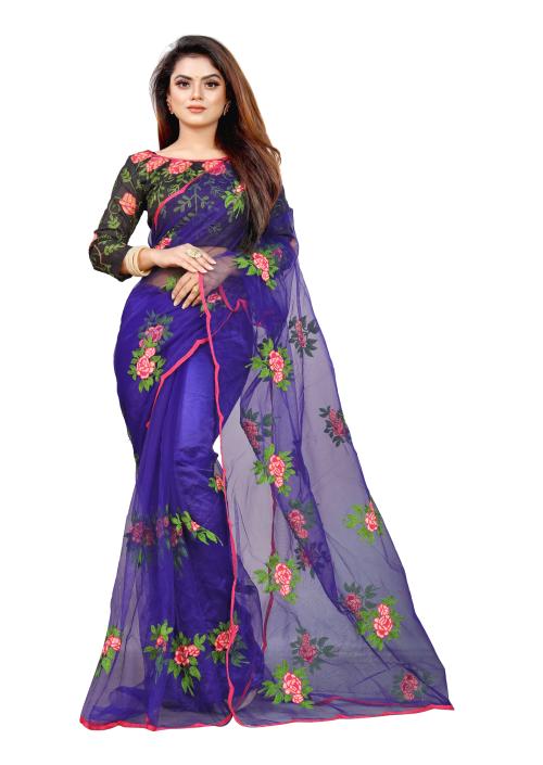 Barakiay Creation Women's Embroidered Work Fashion Net Saree With Blouse Piece.