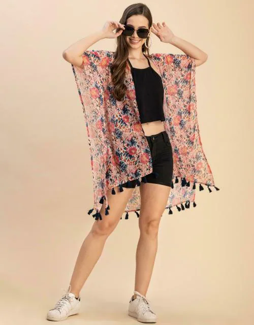 Moomaya 3/4 Sleeves Kimono Sleeves V Neck Relaxed Fit Printed Women's Shrug