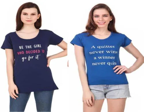 HighSeas Women Multicolor Printed Cotton Blend Round Neck T-Shirts - M (pack of 2)