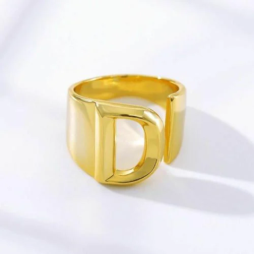 Zivom Copper Initial Letter D Alphabet Name Hollow Chunky 18K Gold Adjustable Free Size Ring For Women