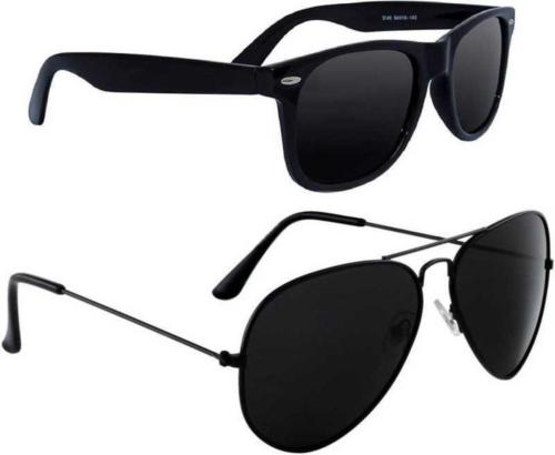 PIRASO UV Protection Aviator and Wayfarer Full Frame Black Sunglasses (Men and Women) - M (pack of 2)