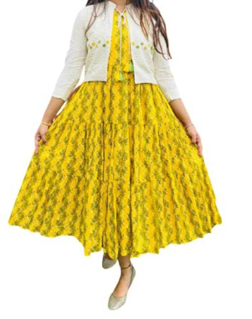 FEMEZONE Women Yellow Cotton Kurti with Chikankari Jacket Set - M