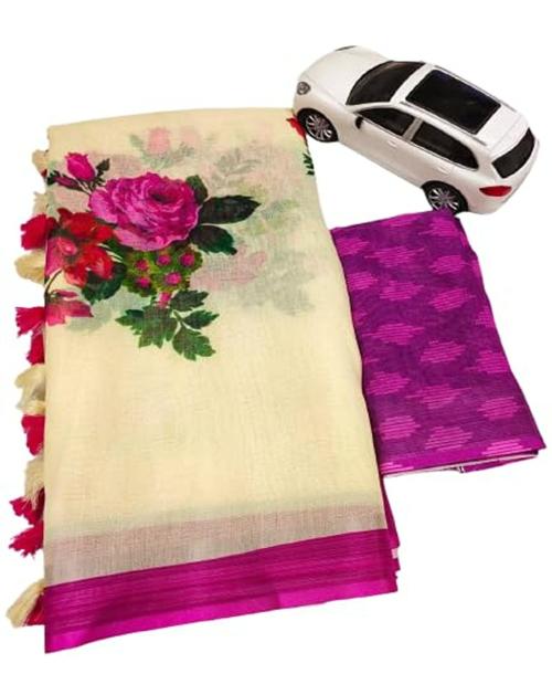Planborn Women's Linen Floral Printed Saree With Blouse Piece