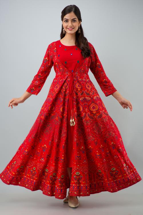 ftDiva Women Red Embroidered Rayon Single Anarkali kurti