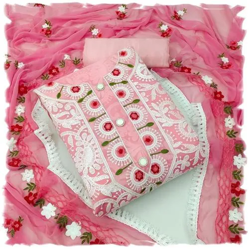 Sidhidata Women's Heavy Chanderi Cotton Embroidery Work Unstitched Salwar Suit Dress Material With Nazmin Work Dupatta Pink