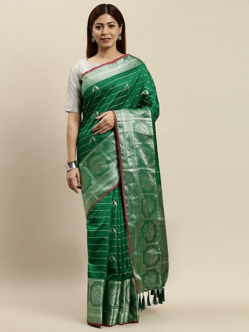 VASTRANAND Women Green Silk Blend Striped Saree