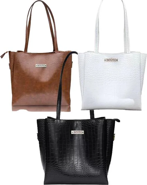 LIZIQI Women Zipper Closure Tote Casual Ladies Shoulder Bags For Shopping | Ladies Purse | Stylish Ladies Bag | Stylish Spacious Handbag For Office or Travel | Hand Carry Fashion Bags With pocket | Pack of 3| White Brown & Black | 35*30*35 cm