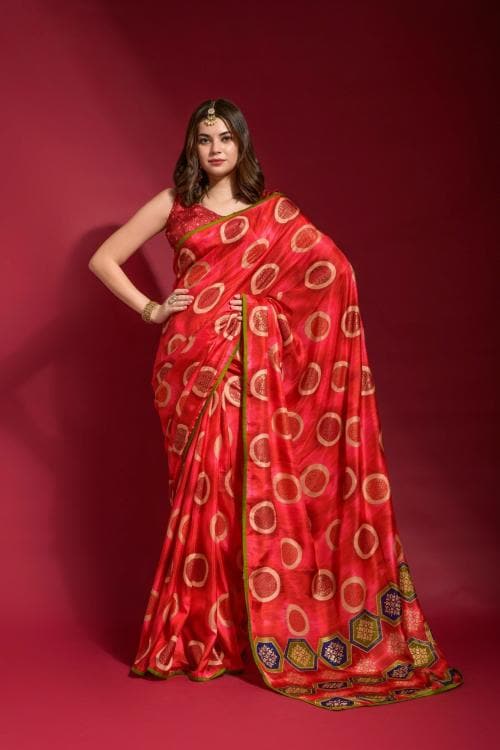 Hari Mirch Red Colour Smooth Silk Beautiful Emboss Foil Print & Piping Work Lace Border Saree With Heavy Smooth Silk with Designer Printed Piping Lace Border Blouse Piece | Casual, Party Wear Saree for Women
