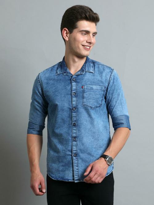 TORTUGA Men Blue Washed Denim Casual Shirts (XL)
