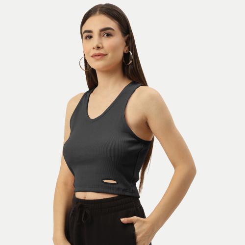 Rad Prix Women Black Rib Knit Crop Tank Top