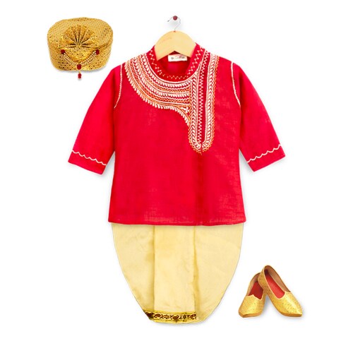 mustmom Boy's Cotton ,Dhoti Kurta-Sherwani-Punjabi Round Collar,Full Sleeves Cotton Ethnic Wear Red