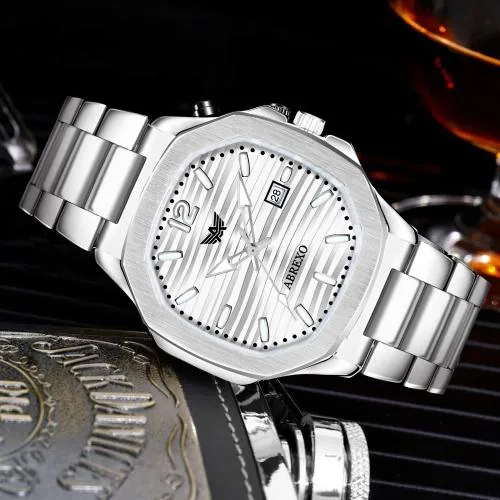 ABREXO, Abx7000-Date Functioning Square Dial Stainless Steel Silver Plated Wrist Watch for Men