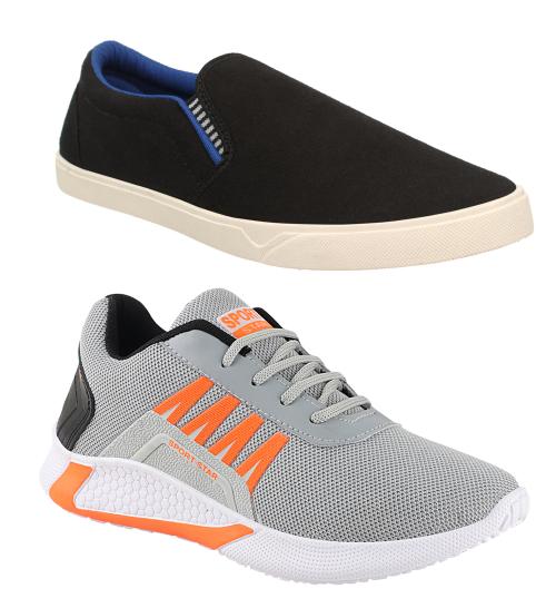 Chevit Combo Pack of 2 Loafers & Sports Shoes For Men (Grey & Orange, Black)
