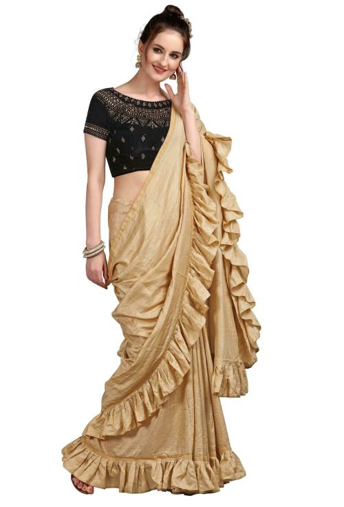 Ethnic Junction Women's Solid Ruffle Silk Blend Saree With Blouse Piece