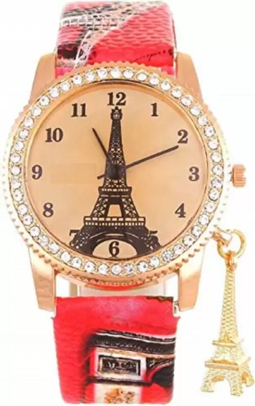 Bizolo Red Classy Analogue Diamond Dial Paris Eiffel Tower Printed Analog Watch For Girls & Women