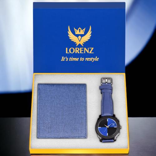 Lorenz Gift Combo Set of Blue Analog Watch & Hi-Quality Febric Feel PU Wallet for Men | CM-408WL-59