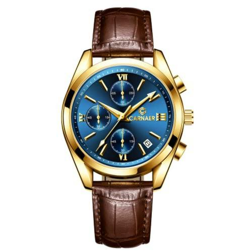 CARNAER Men's Chronograph Quartz Watches, Genuine Brown Leather Strap Gold Case with Date, Luminous Hand Analog Watches for Men with Blue Dial
