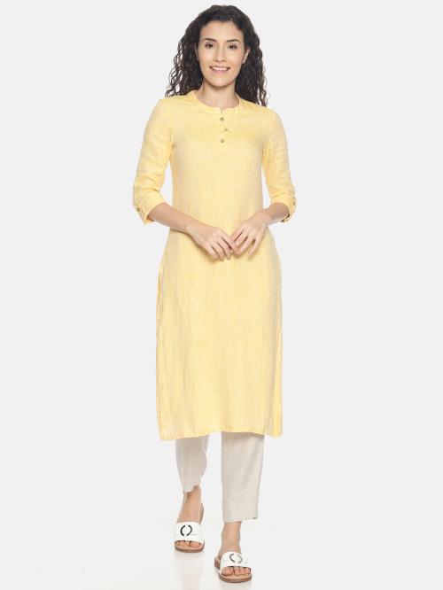 Ecentric Women's lemon yellow colour solid hemp straight long kurta