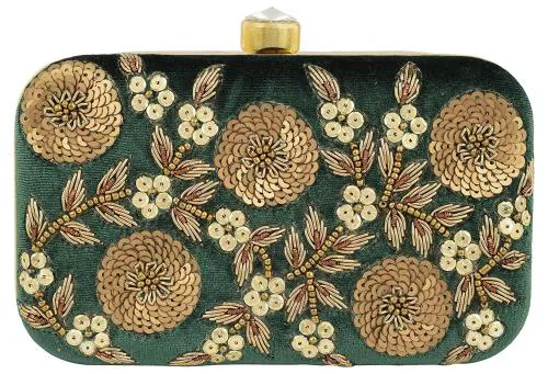 Tooba Handicraft Dark Green Velvet Women Designer Clutch Bag With Chain Strap