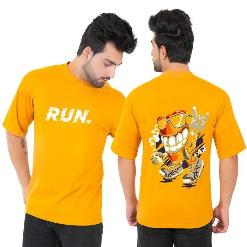 AZF Summer Trendy Down Shoulder Half sleeve Round Neck Cotton Blend Printed Men's Oversized T shirts ( 101 RUN mustard )