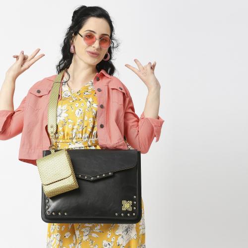 EUME Timeless Collection - Sage, Vegan Leather Laptop Messenger Bag with Detachable Sling and Pouch, Fits Upto 15 Inch Laptop, Black