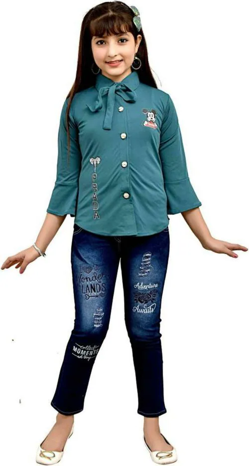A.G FASHION Girls Dark Green Printed Lycra Blend Top and Jeans 9-10 Years