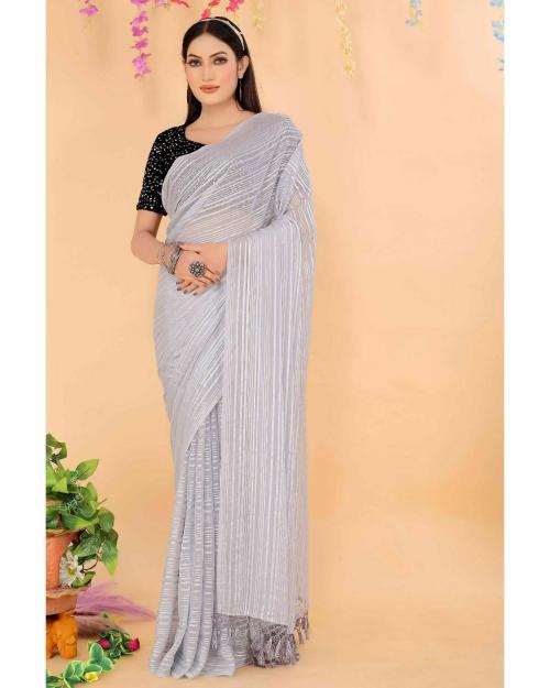 VKARAN Womrn's Grey Lycra Sequence and Latkan Work Striped Saree With BlouseCasual Wear Art Silk Saree For Women | Cotton Saree | Latest