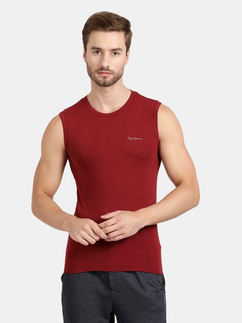 PEPE JEANS LONDON Men's Red Solid 100% Cotton Pack of 1 Sleeveless Vest