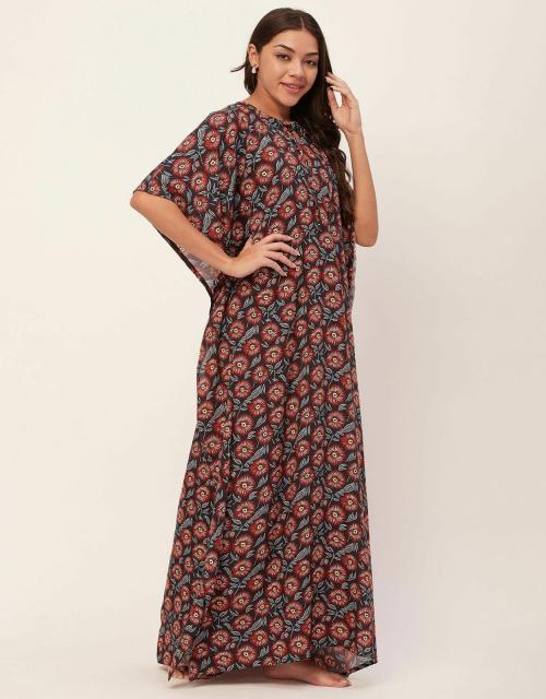 Moomaya Sleepwear, Printed Kaftan Maxi For Women, Round Neck Rayon Caftan Dress