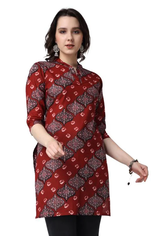 Popwings Women Casual Pure Cotton Maroon Bandhani Printed Kurti | Short Kurti for Women | 3/4th Sleeve Kurti for Women | Latest Design Kurti for Women