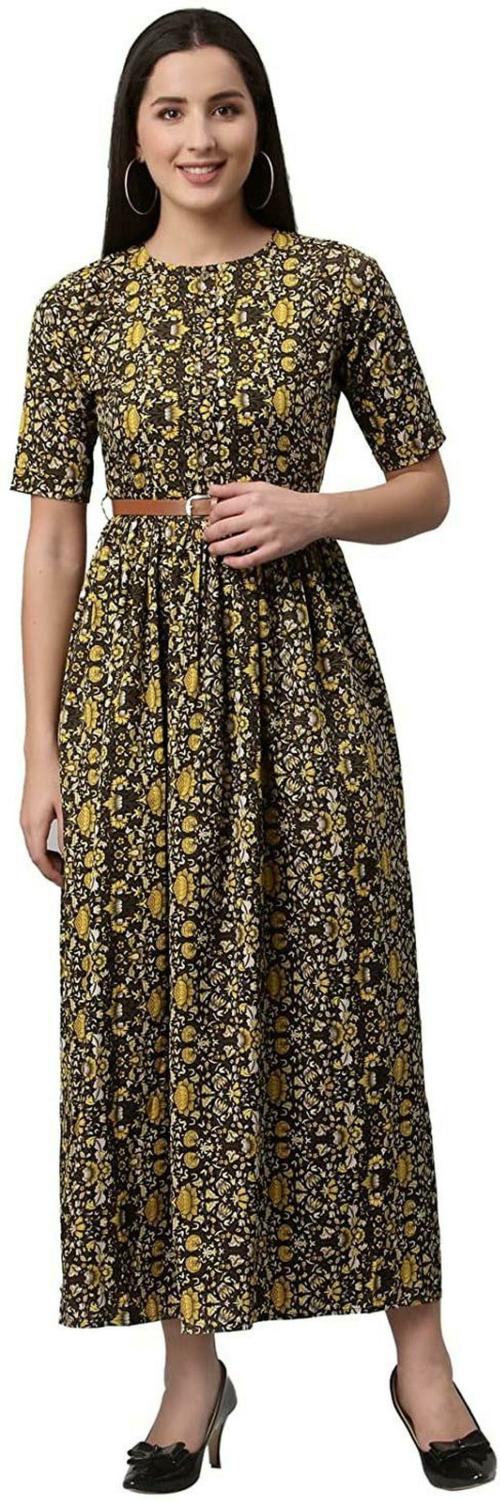 Vaani Creation Women Yellow Viscose Rayon Maxi Dress (M)