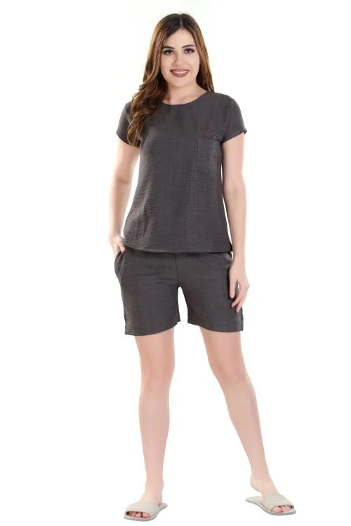 NIGHT VIEW Women's Summer Imp Soft Linen Printed Top & Shorts Set Blue