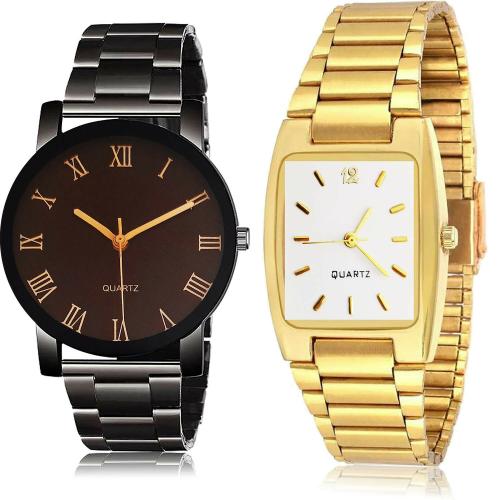 NEUTRON Classical Wrist Roman Numbers Chain And Chain Black And Gold Colour Analog Metal And Stainless Steel Belt 2 Watch Combo For Boys And Men - BCPL15-BRM5