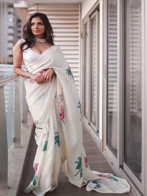 AVANSHEE Fabian Fashion Printed, Digital Print Bollywood Satin Saree (White)