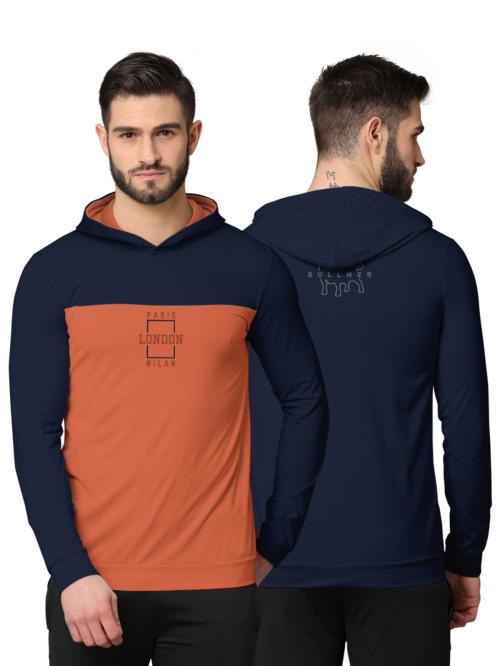 BULLMER Trendy Navy Blue Front & Back Printed Full Sleeve Hooded Sweatshirt for Men | Non Returnable