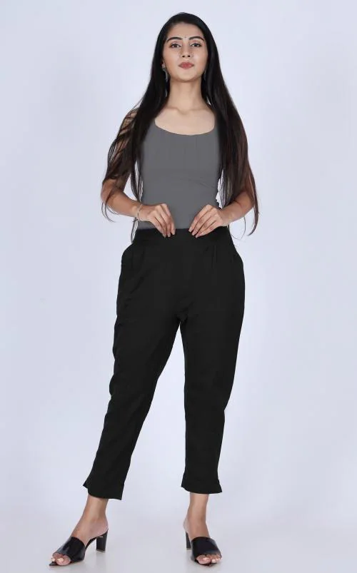 MIRAYYA Women's Cotton Blend Solid Regular Fit Straight Pant Trouser Multicolor 2 Pocket Pant Daily use Stylish Pant Fancy Design ( BLACK)