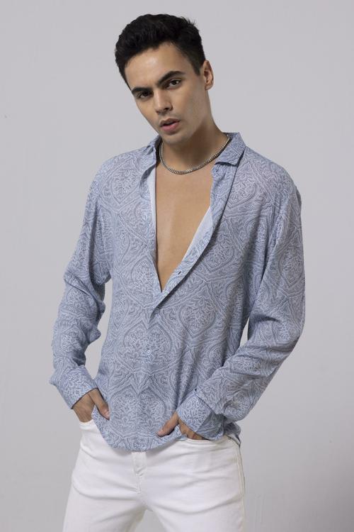 SNITCH Engraving Structure Blue Shirt Mens Shirt