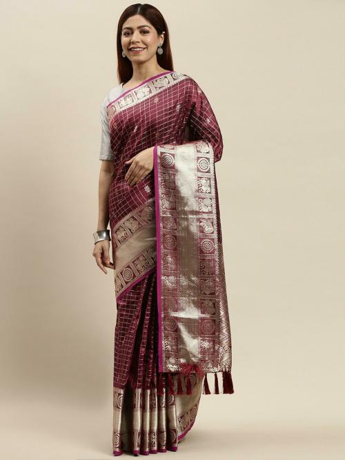 VASTRANAND Women Burgundy Silk Blend Checkered Saree