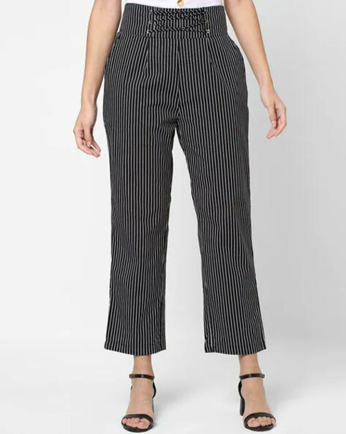 Papa Brands Women Black Striped 100% Cotton Trousers