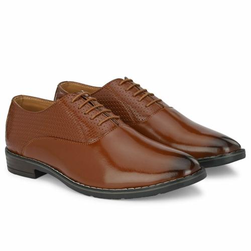 HABBITUS FASHION Premium Oxford Synthetic Leather Plain Formal Laceup Derby Shoes With Semi Chatai Design For Men (Tan)