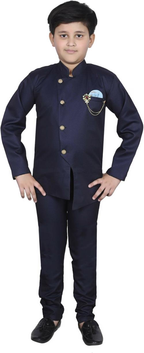 Kuwarsha Boys Dark Blue Solid Cotton Blend Blazer With Pant (8 - 9 Years)