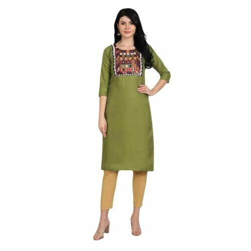 MBL Women Green Printed Cotton Silk Below Knee Length 3 by 4 Sleeve Round Neck Straight Kurta