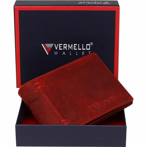 VERMELLO Mens Red Genuine Leather RFID Wallet