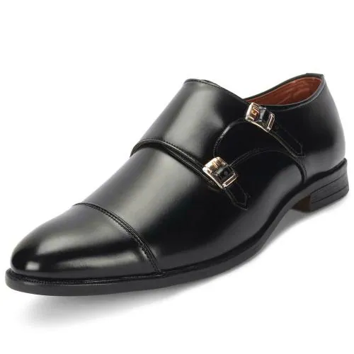 MUTAQINOTI Men's Black Royal Leather Double Monk shoes for men Casual for men