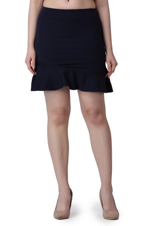Popwings Women Casual Navy Blue Solid Mini Skater Skirt