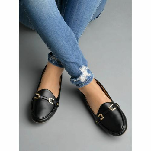 Shoetopia Golden Metal Buckle Detailed Black Bellies For Women & Girls