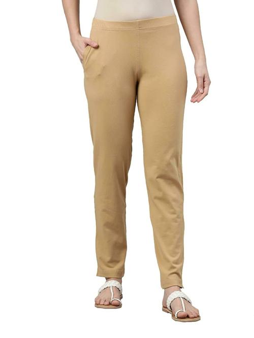 Go Colors Women Beige Solid Cotton Pants (XXXL)